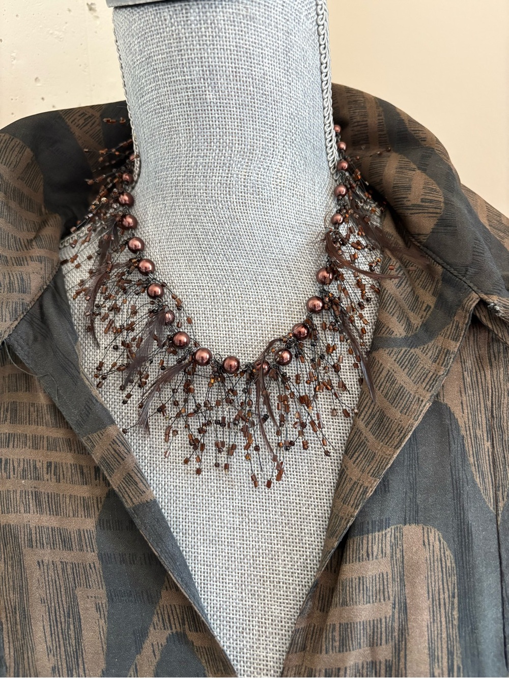 Beaded Fringe Statement Necklace - Brown Metallic